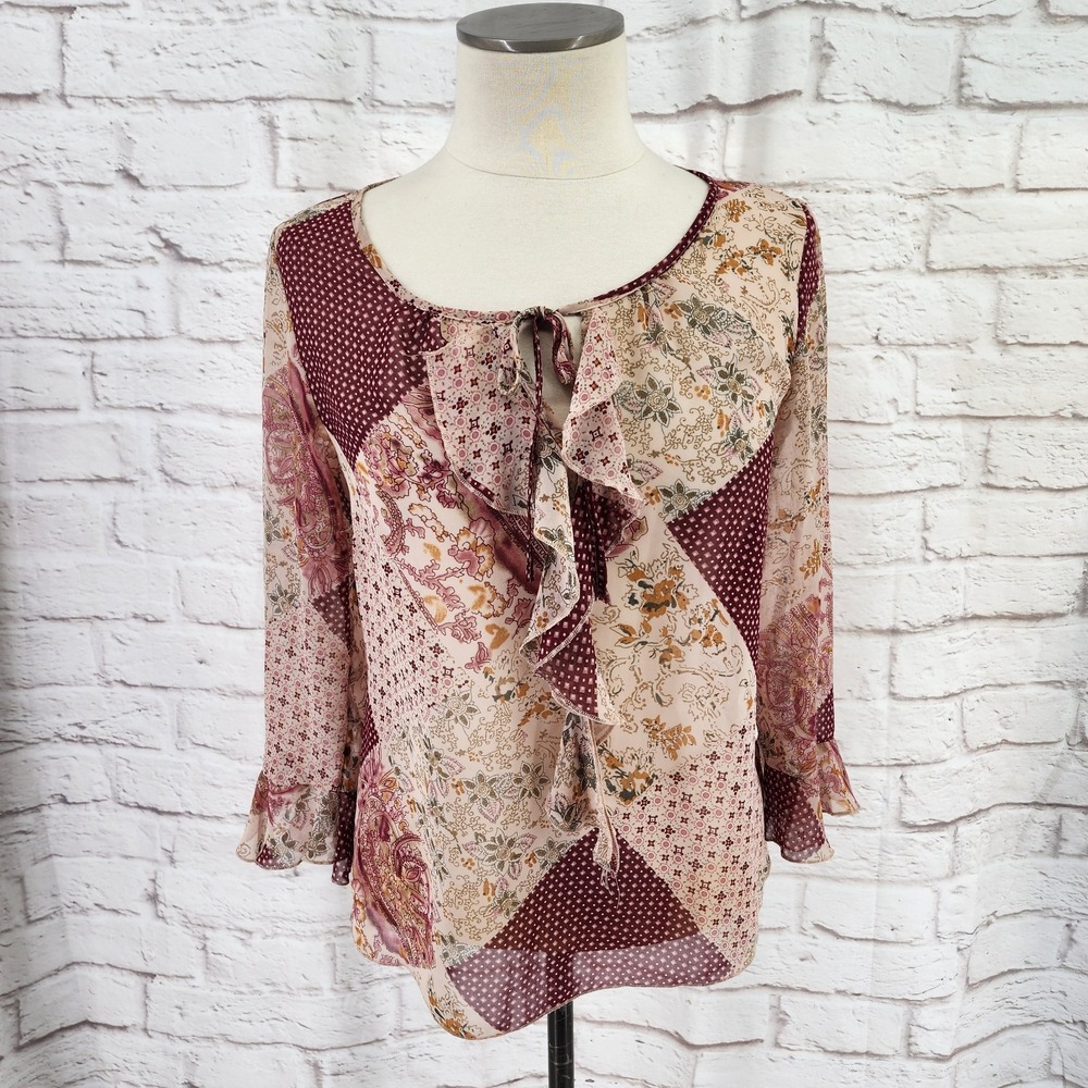 Apt 9 Patchwork Boho‎ Top Size Small Ruffle Cottage Country Dainty Flowy Sheer